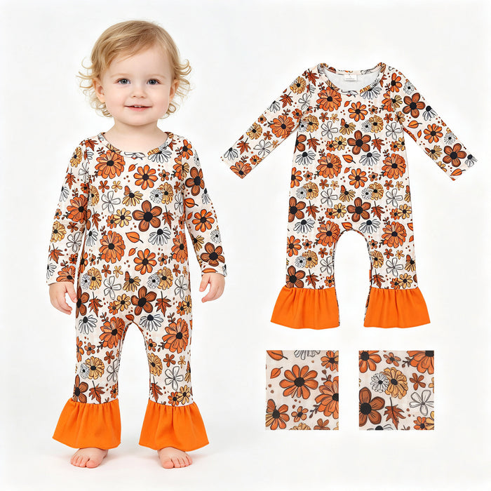 LR3025 Baby Girls Fall Floral Long Sleeve Romper With Ruffle