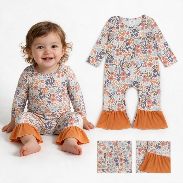 LR3027 Orange Navy Flowers Print Baby Girls Long Sleeve Romper With Ruffle
