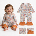 LR3027 Orange Navy Flowers Print Baby Girls Long Sleeve Romper With Ruffle