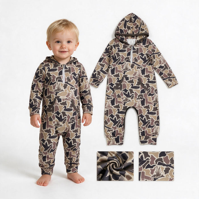 LR3029 Duck Brown Camo Print Baby Boys Zipper Pocket Hoodie Romper