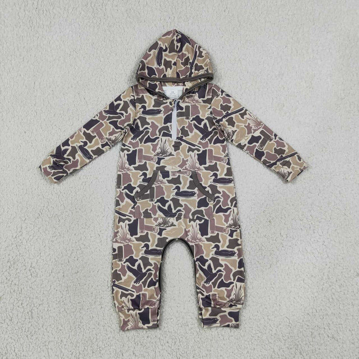 LR3029 Duck Brown Camo Print Baby Boys Zipper Pocket Hoodie Romper