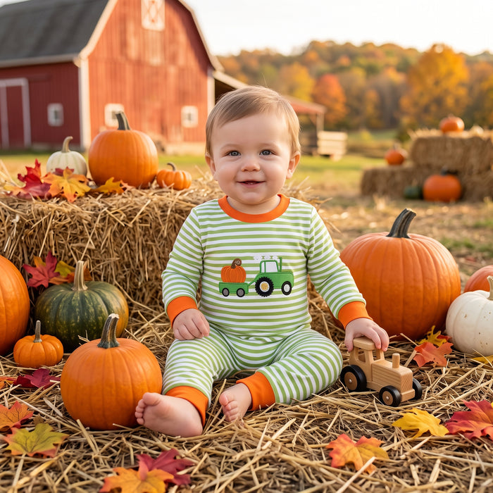 LR3036 Tractor Pumpkin Embroidery Green Striped Baby Boys Fall Long Sleeve Romper