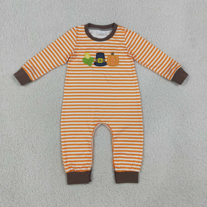 LR3037 Corn & Pumpkin Embroidery Stripes Baby Boys Thanksgiving Romper