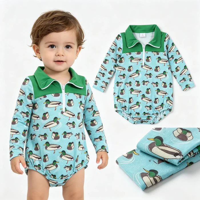 LR3055 Duck Green Baby Boys Sweatshirt Long Sleeve Zipper Romper