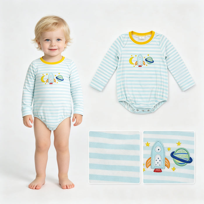 LR3063 Space Cosmic Embroidery Stripe Baby Boys Long Sleeve Romper