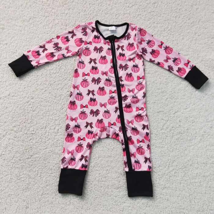LR3069 Pumpkin Bows Pink Baby Girls Fall Zipper Sleeper Romper