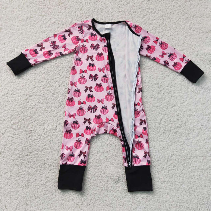 LR3069 Pumpkin Bows Pink Baby Girls Fall Zipper Sleeper Romper