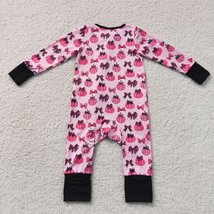 LR3069 Pumpkin Bows Pink Baby Girls Fall Zipper Sleeper Romper
