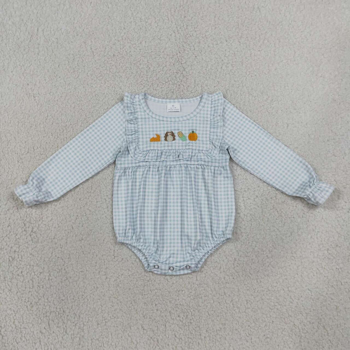 LR3104 Turkey Pumpkin Embroidery Checkered Print Baby Girls Thanksgiving Romper