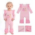 LR3140 Dog Pumpkin Embroidery Pink Striped Baby Girls Fall Ruffle Romper