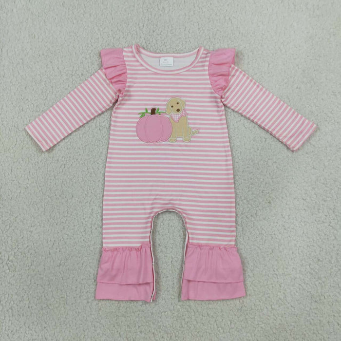 LR3140 Dog Pumpkin Embroidery Pink Striped Baby Girls Fall Ruffle Romper