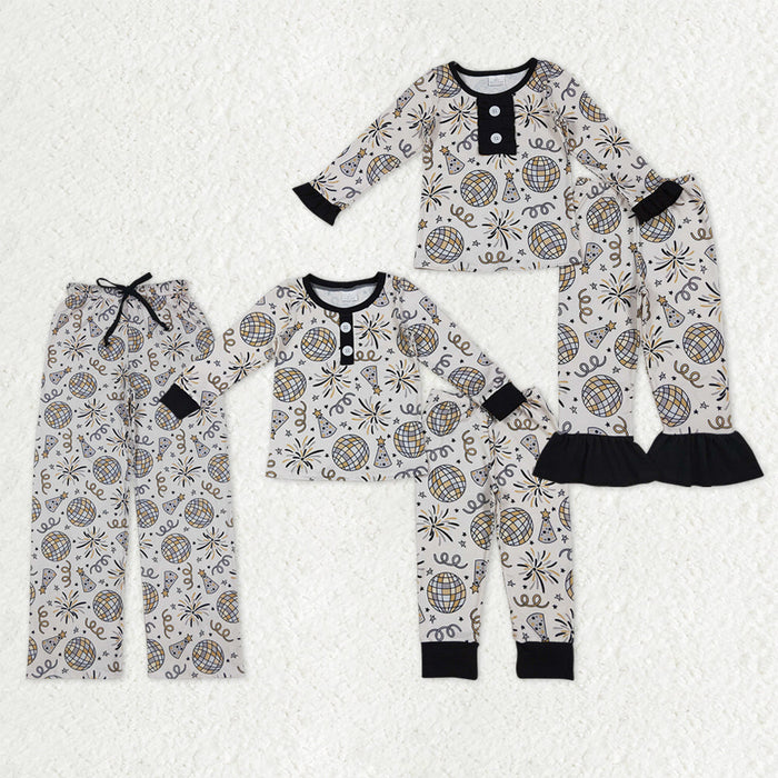 Mama and Me Fireworks Stars Button Ruffle Pants Happy New Year Pajamas Sets Pants With Belt