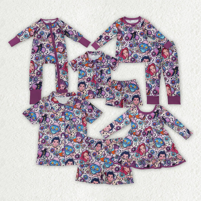Mama and Me Girls Cartoon Demon Hunter Pant Pajamas Sets Ruffle Knee Length Dress Zip Rompers