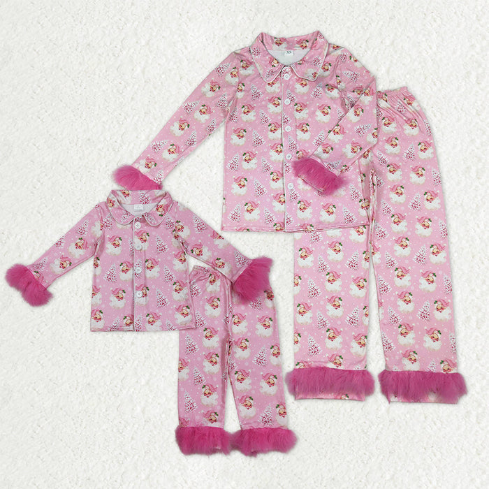 Mama and Me Pink Trees Santa Button Top Pants Christmas Fur Sleeve Pajamas Sets