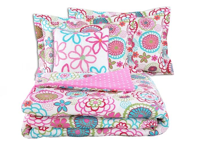 Mariah Floral Pink Polka Dot Reversible Comforter Set with Decor Pillows