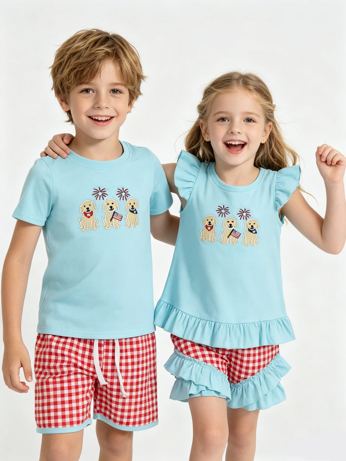 Matching Sibling 4th of July Embroidery Outfits - Patriotic Puppy Plaid Print Boy & Girl Clothes