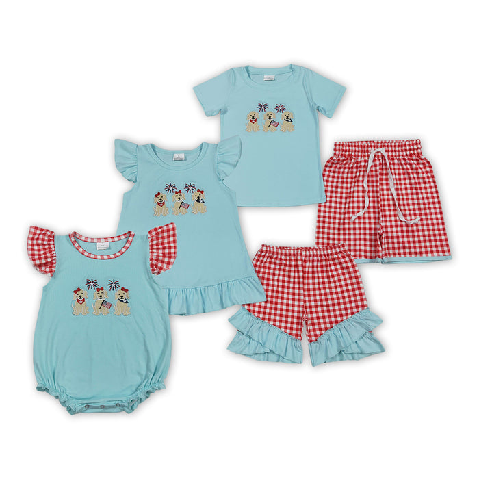 Matching Sibling 4th of July Embroidery Outfits - Patriotic Puppy Plaid Print Boy & Girl Clothes