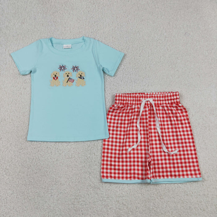 Matching Sibling 4th of July Embroidery Outfits - Patriotic Puppy Plaid Print Boy & Girl Clothes