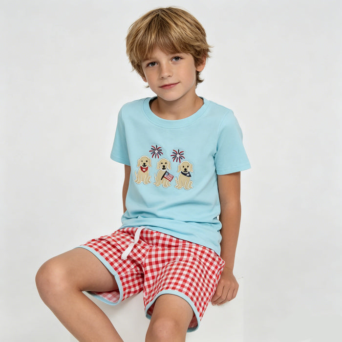 Matching Sibling 4th of July Embroidery Outfits - Patriotic Puppy Plaid Print Boy & Girl Clothes