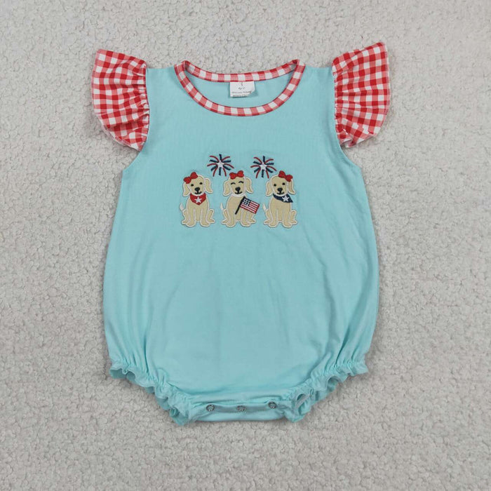Matching Sibling 4th of July Embroidery Outfits - Patriotic Puppy Plaid Print Boy & Girl Clothes