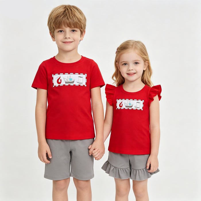 Matching Sibling Pirate Outfits - Red Embroidered T-Shirt & Gray Shorts Set for Brother & Sister