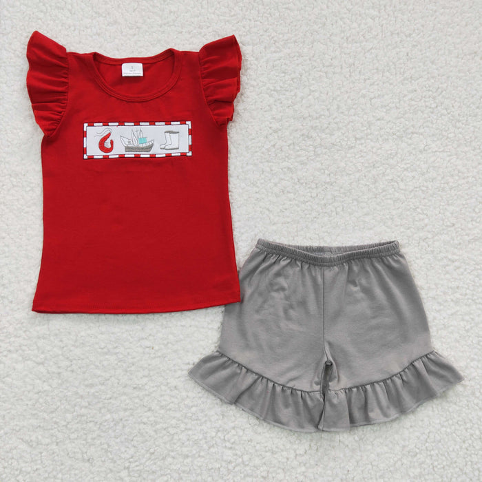 Matching Sibling Pirate Outfits - Red Embroidered T-Shirt & Gray Shorts Set for Brother & Sister