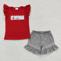 Matching Sibling Pirate Outfits - Red Embroidered T-Shirt & Gray Shorts Set for Brother & Sister