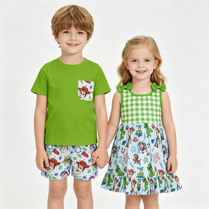 Matching Sibling Summer Cartoon Toy Outfit Green Short Sleeve Top with Shorts Set +Dress