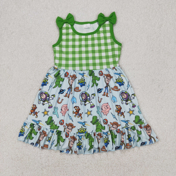 Matching Sibling Summer Cartoon Toy Outfit Green Short Sleeve Top with Shorts Set +Dress