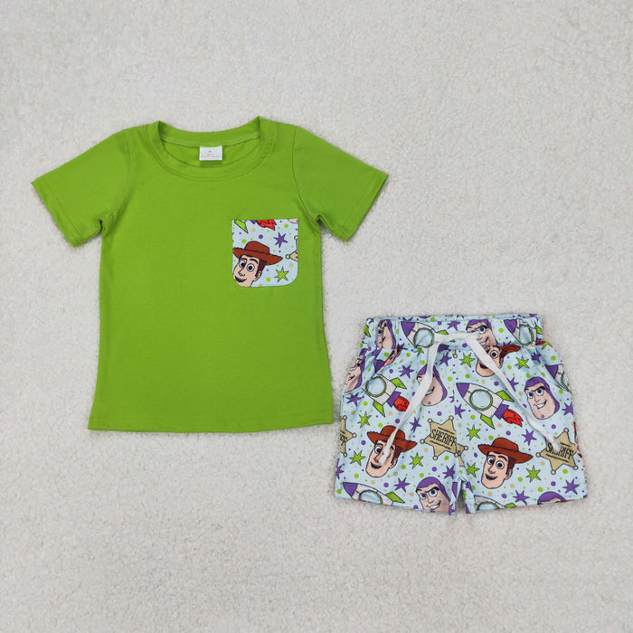 Matching Sibling Summer Cartoon Toy Outfit Green Short Sleeve Top with Shorts Set +Dress