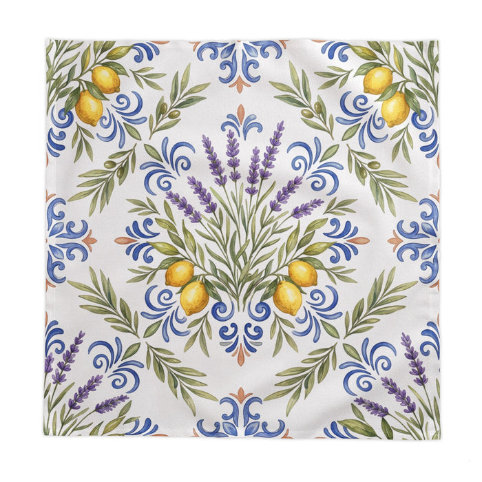 Mediterranean Lemon & Lavender Tablecloth — Floral Tile Kitchen Linen