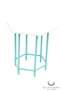Mid Century Modern Teal Painted Base Hexagon Top Patio Side Table
