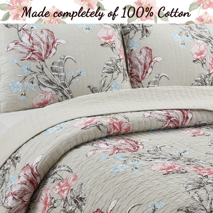 Modern Blooming Floral 3-Piece Reversible Quilt Bedding Set