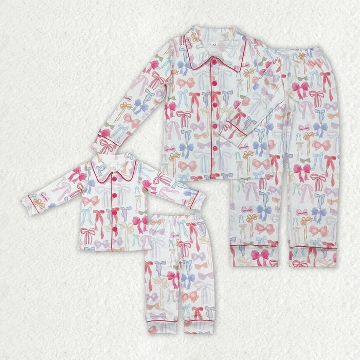 Mommy and Me  Pink Blue Bow Buttons Top Pants Pajama Set