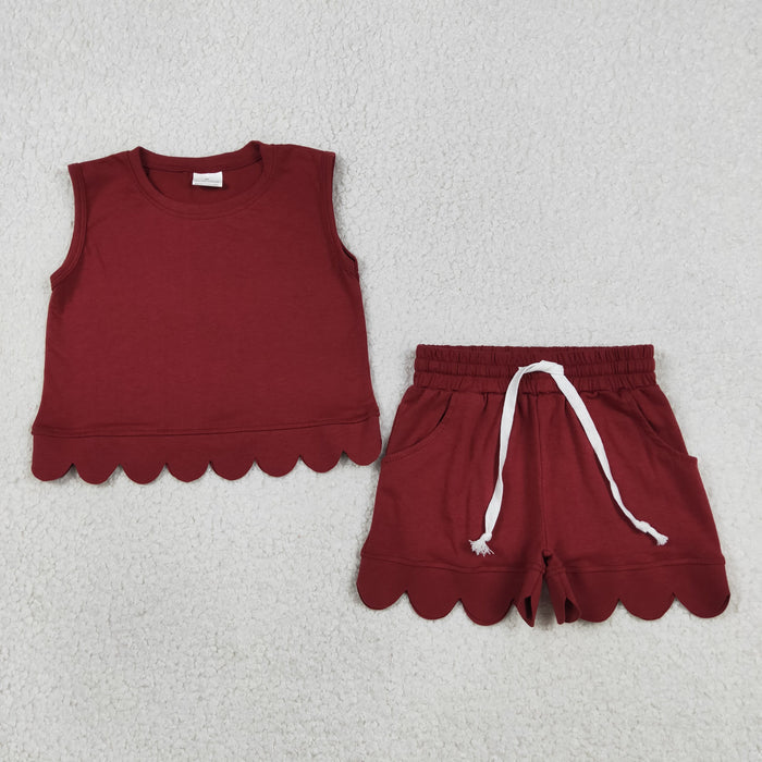 Mommy and Me Red Solid Color Scallop Set - Sleeveless Top & Shorts Outfit
