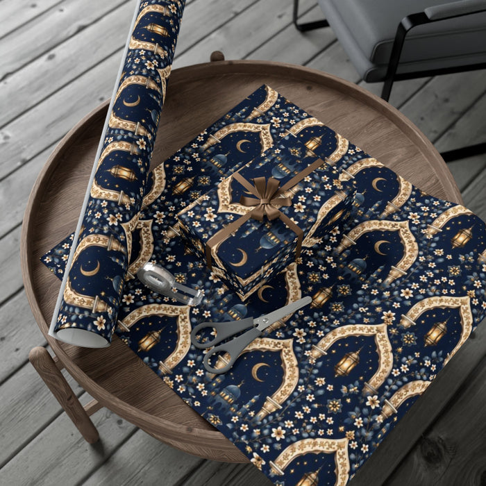 Moon & Lantern Gift Wrap Paper — Navy Islamic Eid Ramadan Wrapping Sheets