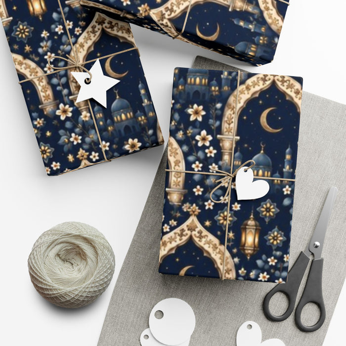Moon & Lantern Gift Wrap Paper — Navy Islamic Eid Ramadan Wrapping Sheets