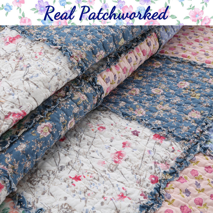 Mraz Blue Pink Ruffle Real Patchwork Cotton 3-Piece Reversible Quilt Bedding Set