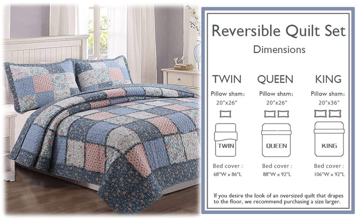 Mraz Blue Pink Ruffle Real Patchwork Cotton 3-Piece Reversible Quilt Bedding Set