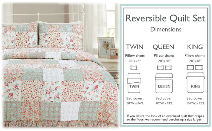 Mucci Floral Ruffle Real Patchwork Cotton 3-Piece Reversible Quilt Bedding Set