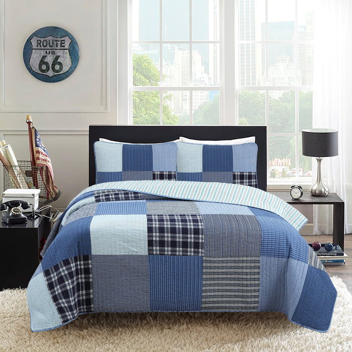 Navy Klein Tartan Patchwork - Cotton Reversible Quilt Bedding Set