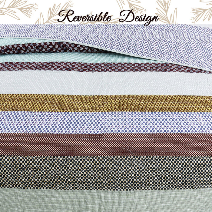 Nesco Striped Purple Green Brown Cotton 3-Piece Reversible Quilt Bedding Set