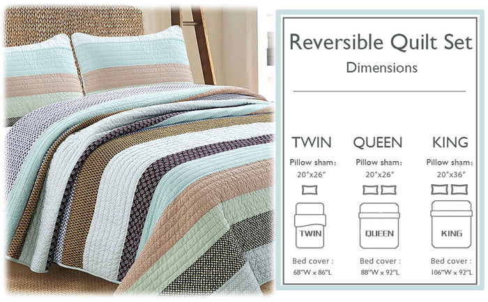 Nesco Striped Purple Green Brown Cotton 3-Piece Reversible Quilt Bedding Set