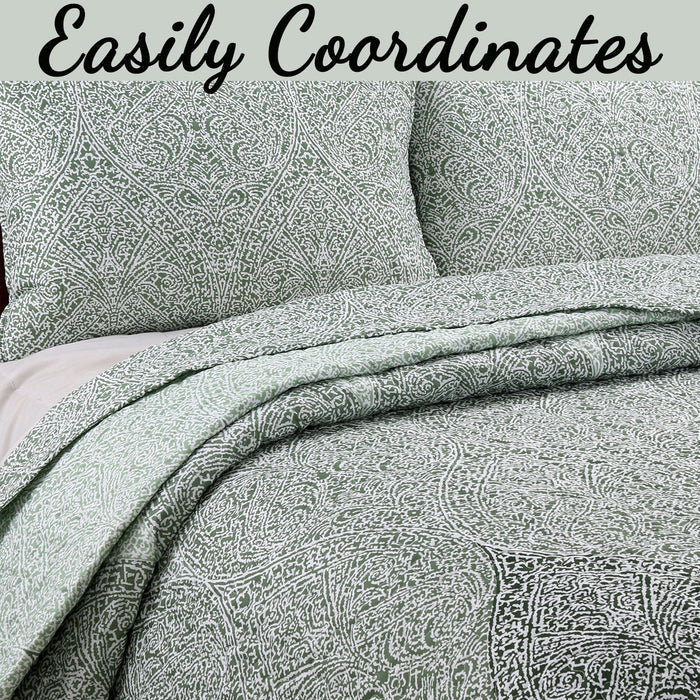 Ombre Leaf Sage Forest Green Medallion 3- Piece Reversible Quilt Bedding Set