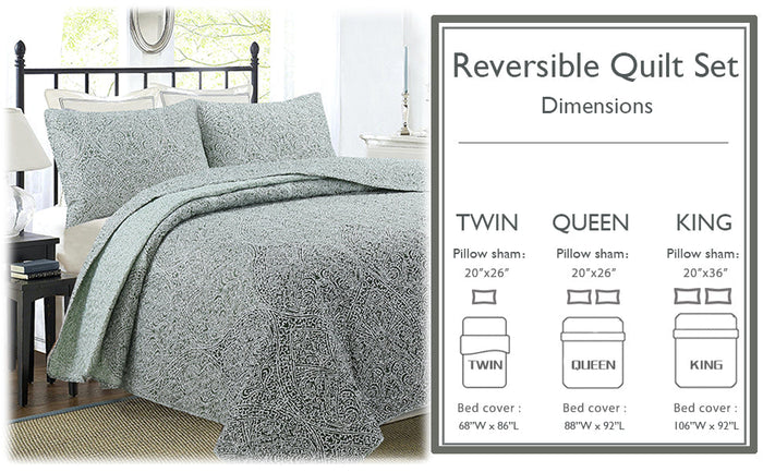 Ombre Leaf Sage Forest Green Medallion 3- Piece Reversible Quilt Bedding Set