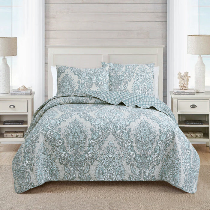 Ornate Paisley Medallion Grey Blue Cotton 3 Piece Queen Quilt Bedding Set