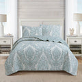 Ornate Paisley Medallion Grey Blue Cotton 3 Piece Queen Quilt Bedding Set