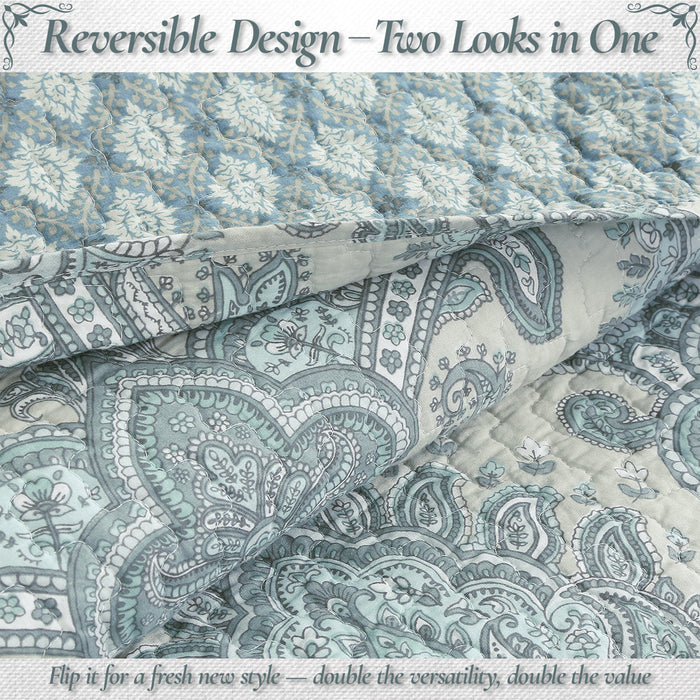 Ornate Paisley Medallion Grey Blue Cotton 3 Piece Queen Quilt Bedding Set
