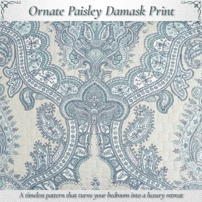 Ornate Paisley Medallion Grey Blue Cotton 3 Piece Queen Quilt Bedding Set