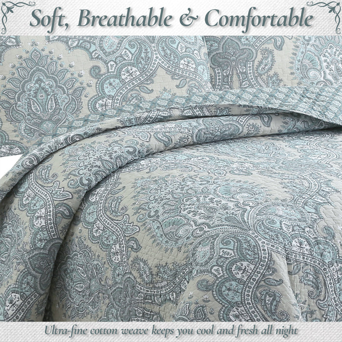 Ornate Paisley Medallion Grey Blue Cotton 3 Piece Queen Quilt Bedding Set